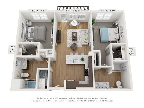Floor plan for 2 beds, 2 baths, 999 sqft